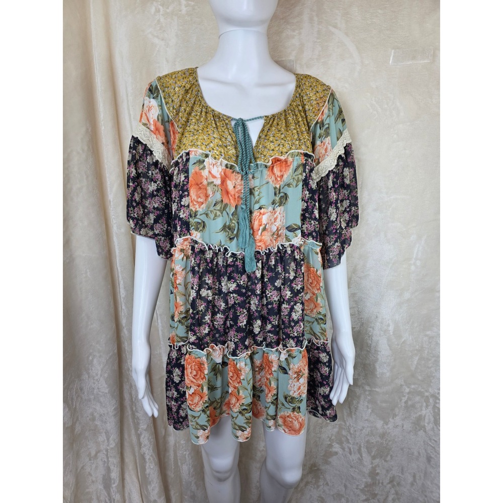 Gigio USA Floral Patchwork Tiered Mini Dress Boho Mixed Print Tassel Small